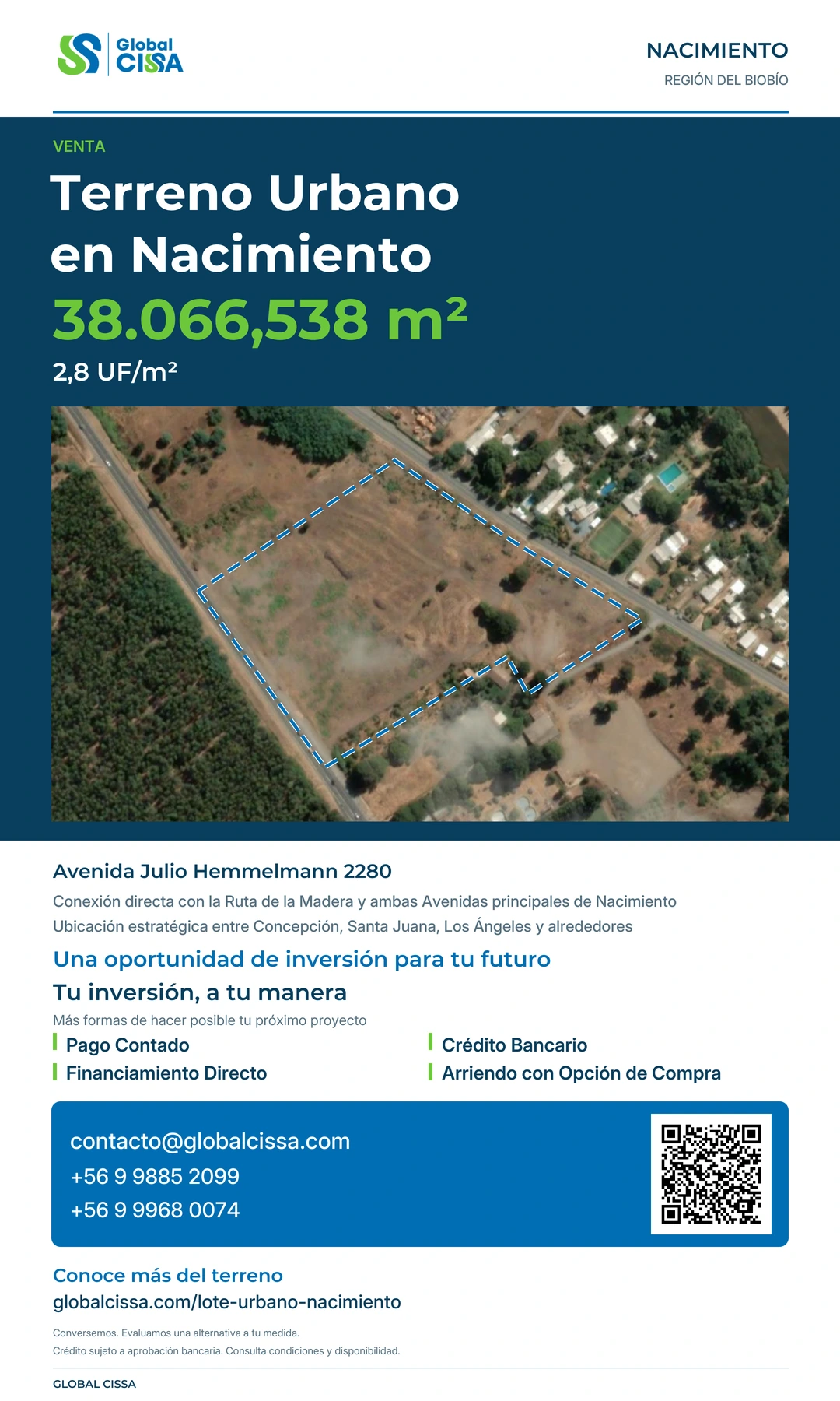 Afiche de venta del Terreno Urbano en Nacimiento: 38.066,538 m², 2,8 UF/m². Avenida Julio Hemmelmann 2280. Contacto contacto@globalcissa.com, +56 9 9885 2099 y +56 9 9968 0074